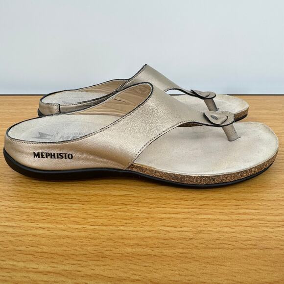 Mephisto sandals 37 slip on leather thong flip flop metallic gold comfort US 7 - Picture 1 of 8